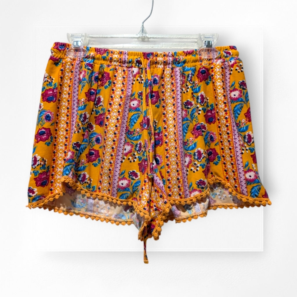 Pink Rose Soft Shorts Boho Floral Golden Yellow Multicolor Elastic Waist Large